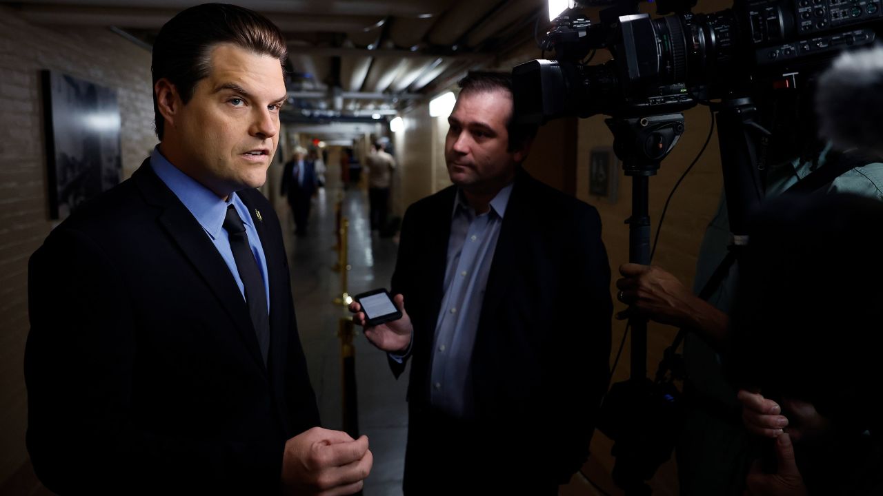 Rep. Matt Gaetz talks on his way to a House Republican Conference meeting at the Capitol on September 19, 2023 in Washington, DC. 